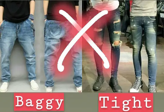 Two boys one is wearing baggy jeans and other is wearing tight fit jeans