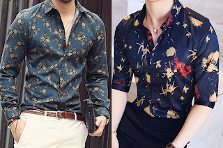 Two guys wearing flower printed shirt in different designs