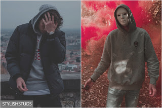 Two guys wearing hooded sweaters in two different ways.