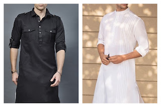 A white and a black kurta with different types of collars.