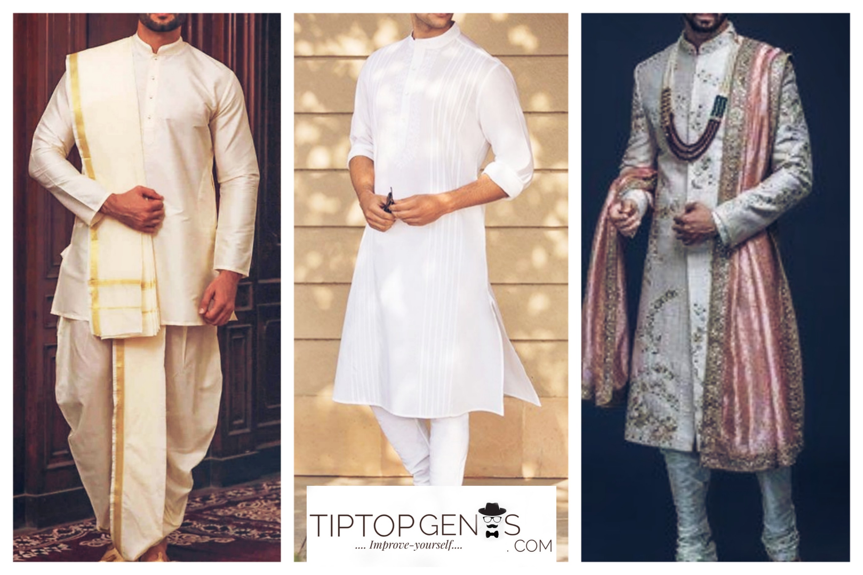 Three different traditional wears, worn by Indian men.