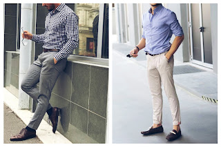 Two mens wearin shirt and trousers.