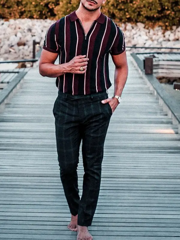 A striped half sleeve shirt and a solid or check pattern trouser