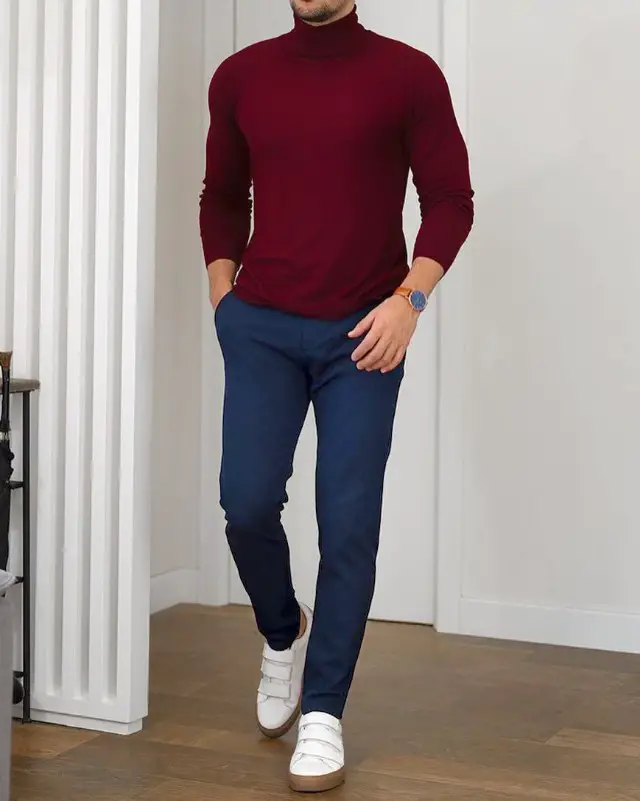 Maroon highneck and blue trouser
