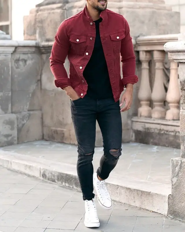 Maroon denim jacket and jeans combo