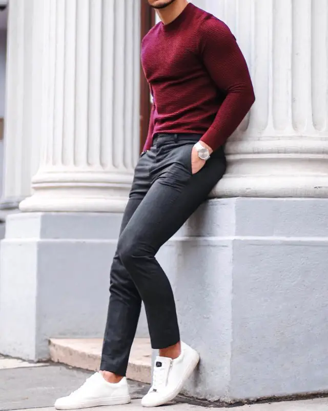 Burgundy, sweat shirt and grey trousers