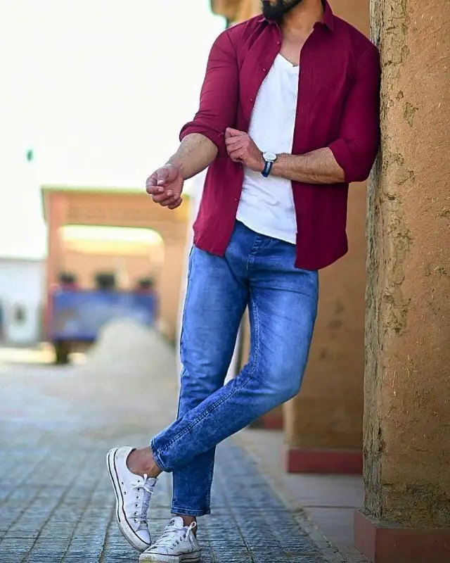 Wine color shirt, white tee with blue jeans