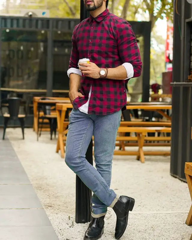 Burgundy colour shirt and grey jeans