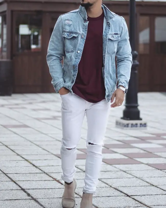 Blue denim and maroon tee with white jeans