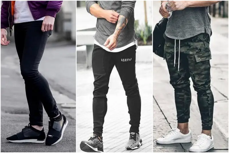 Three guys wearing three different types of joggers.