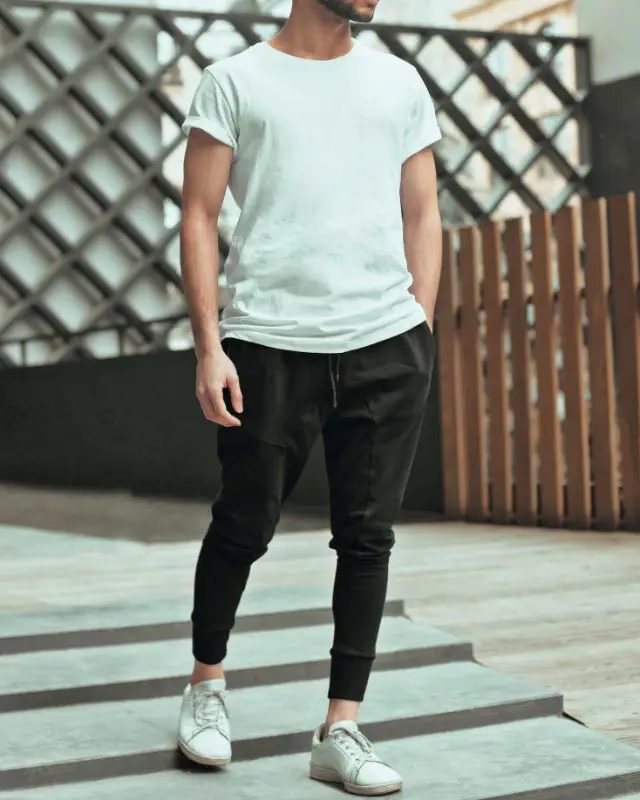 Man wearing, Crew neck t-shirt and stretchable joggers, men.