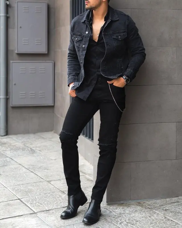 Man in Chelsea boots, jeans, shirts and Denim jacket.