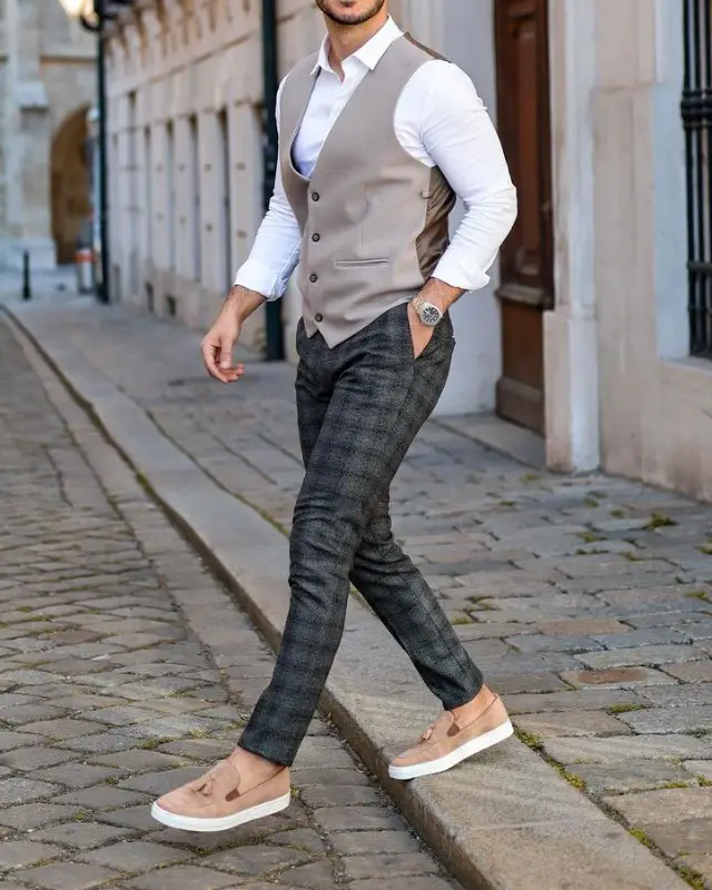 Men's outfit idea image using vests, shirts and trousers.