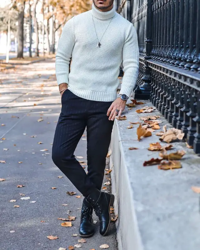 Men's Crew-neck/Cashmere woolen sweater, trousers and Chelsea boots outfit.