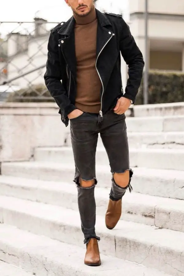 Turtle-neck with leather jacket & jeans