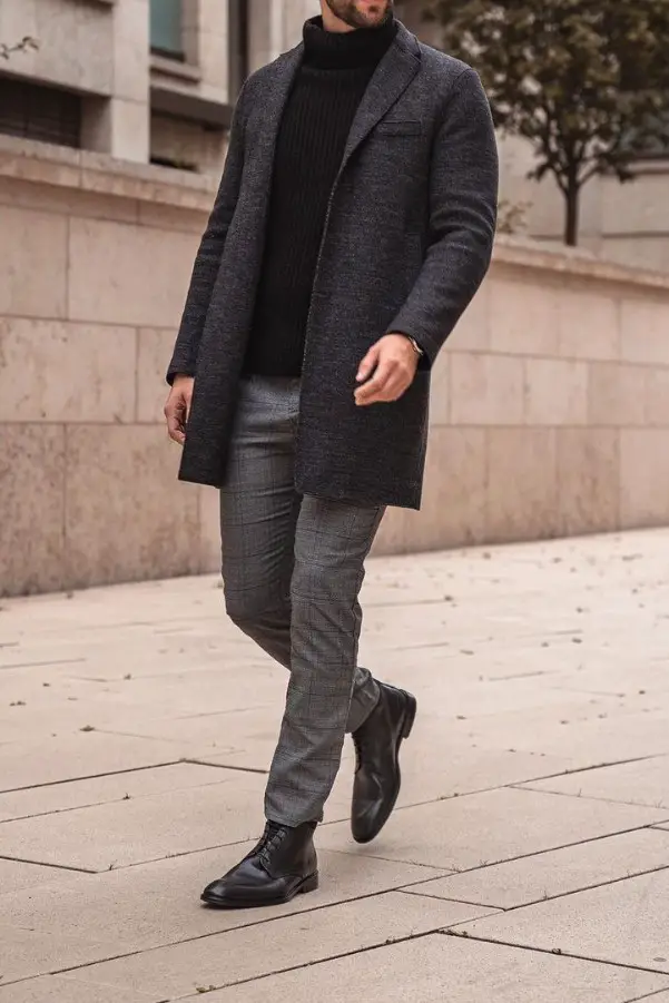 Turtle neck with long coat & chinos