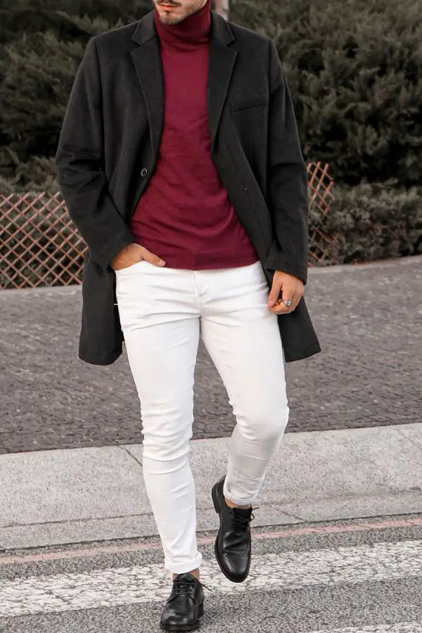 Turtle neck with long coat & jeans