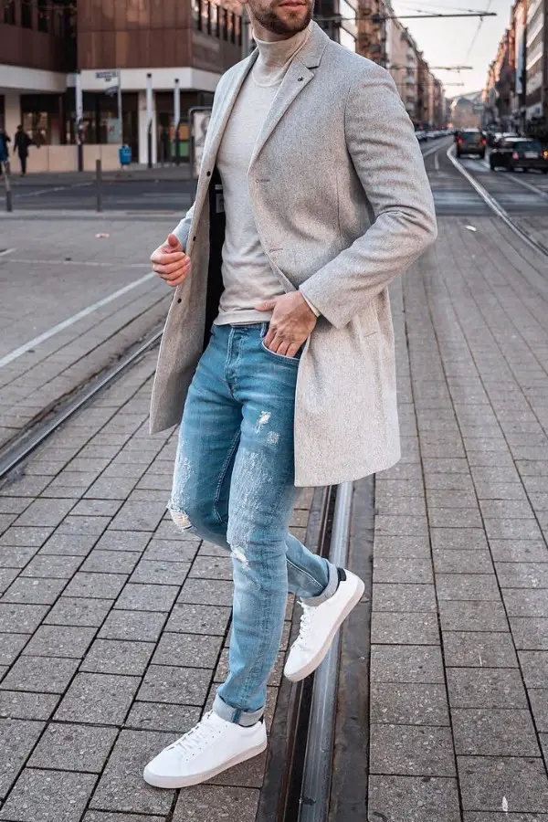 Turtle neck with trench coat and jeans.