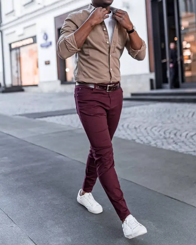 Beige and maroon combo outfit, men