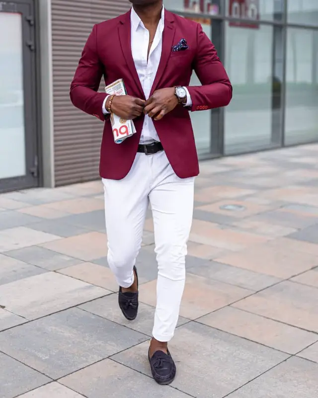 Wine color blazer, white shirts and pant