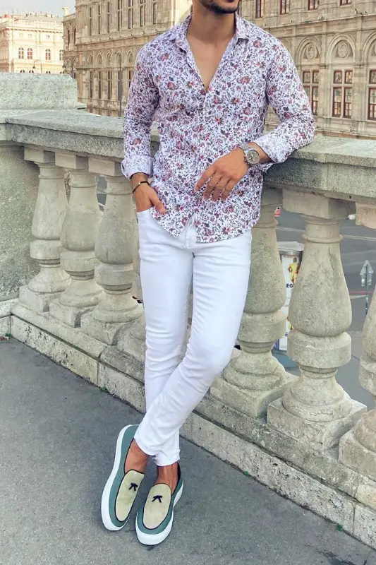 White jeans with floral pattern shirts