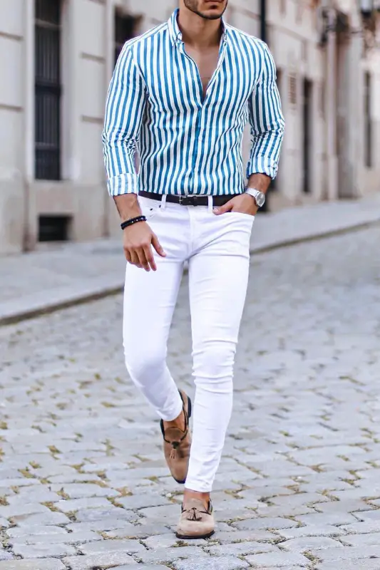 White jeans with stripe shirts.
