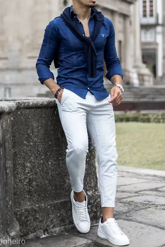 White jeans with blue shirt