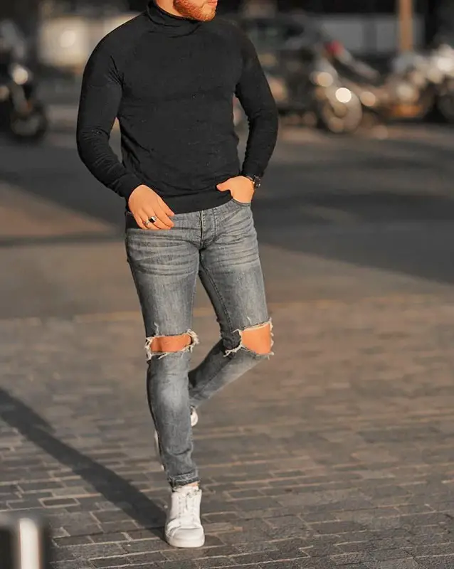 Full sleeve's high neck and jeans.
