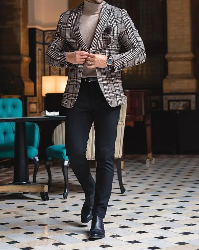 High neck paired with jacket and trousers.