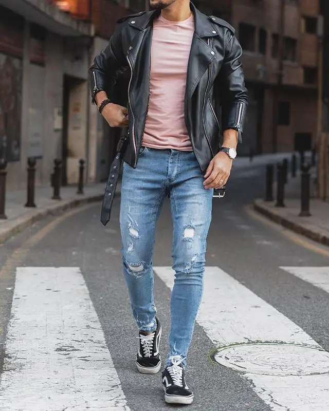 Leather jacket with Round neck T shirt and jeans.