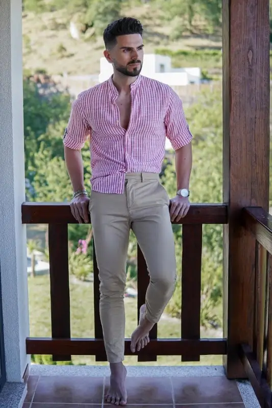 Pink Shirts with Beige Pants