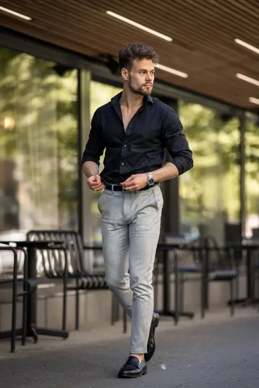 Grey pant black shirt with Black Shoes