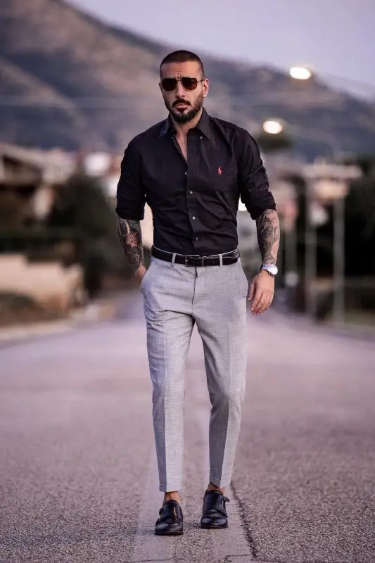 Grey pant black shirt with Black Shoes