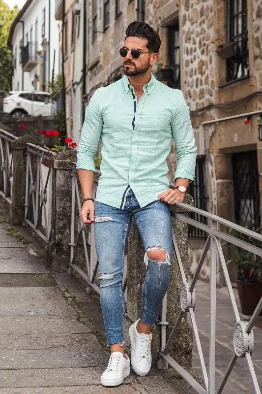 Blue Jeans with Light Green Shirt