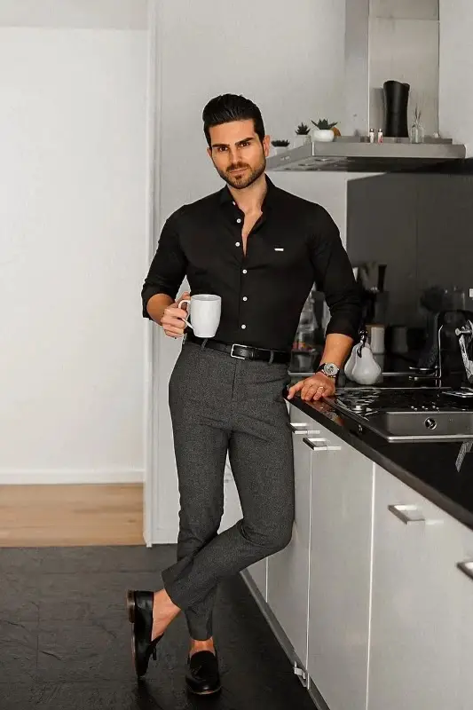 Black Shirt With Dark Grey Colour TrousersGrey Pant Black Shirt Ideas.