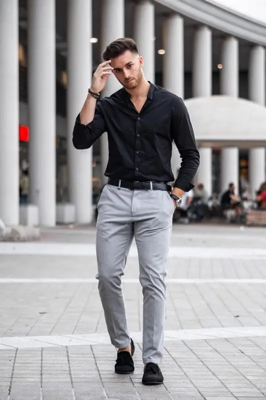 Grey Pant Black Shirt Ideas With belts