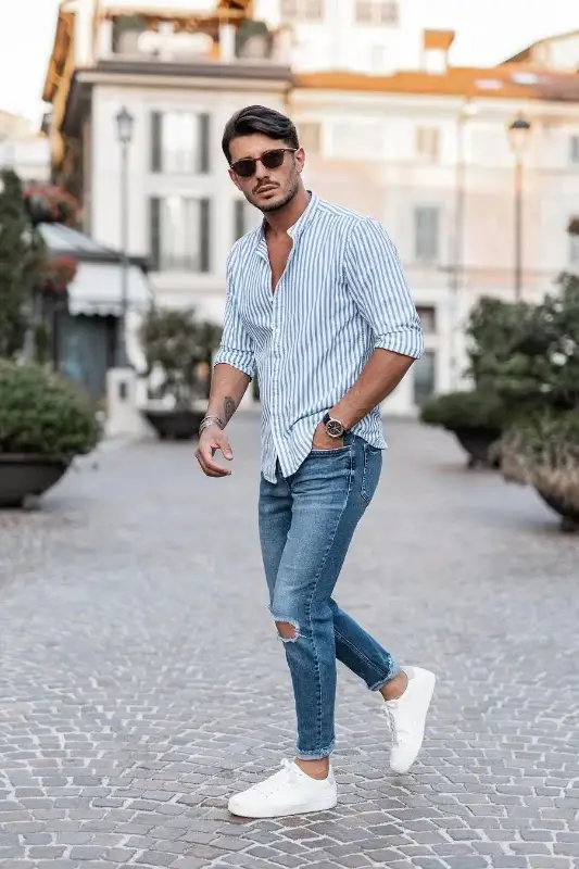 Blue Jeans with striped pattern shirts