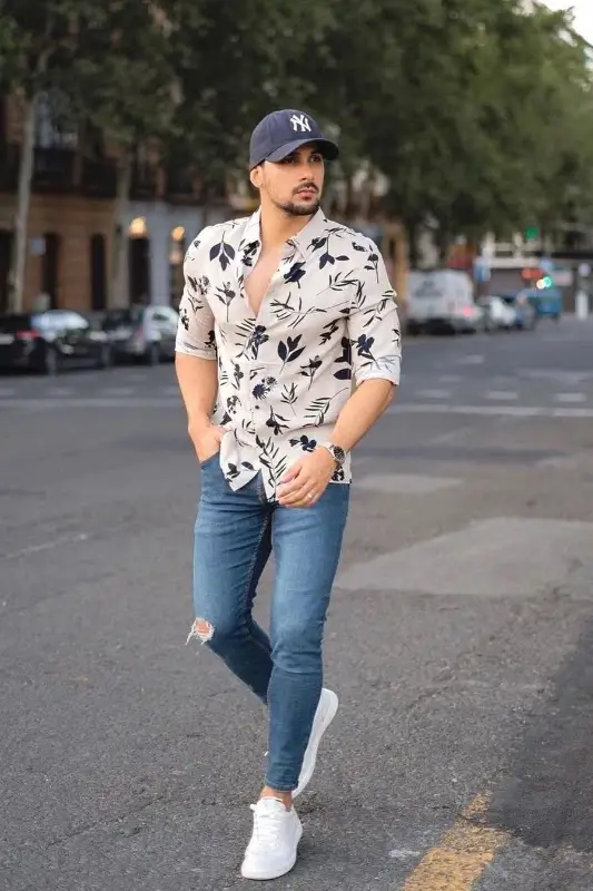 Blue jeans with floral printed shirt