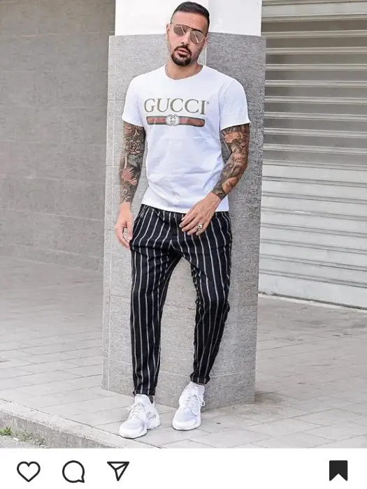 Striped trousers and crewneck t-shirt