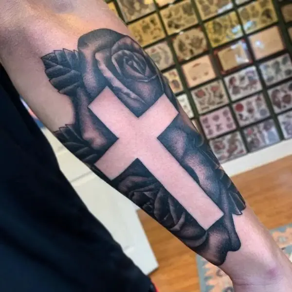 Forearms filler cross tattoo
