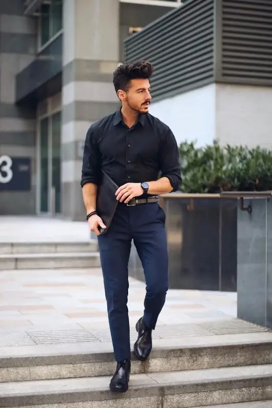 Black shirt and Navy-blue Jeans