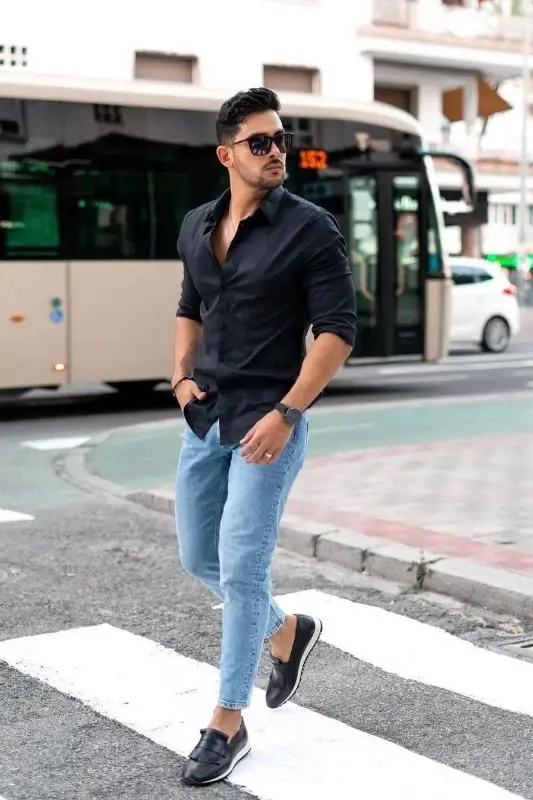 Black Shirt and blue denim jeans