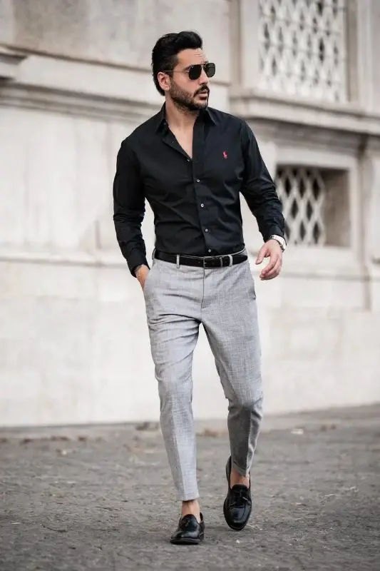 Black shirt with steel grey trousers