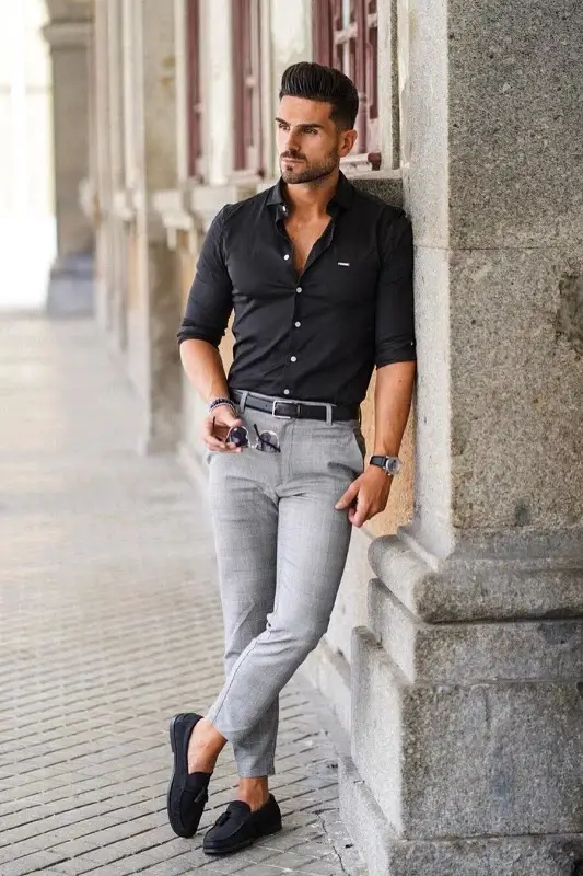 Black shirt with steel grey trousers