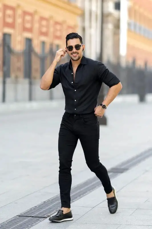 Black shirt with black jeans