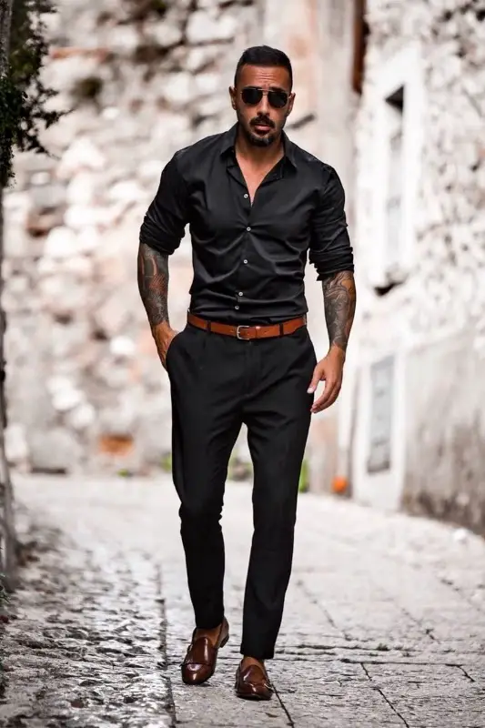 Black shirt with black trousers