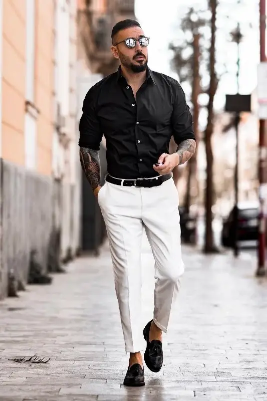 Black shirt with white trousers