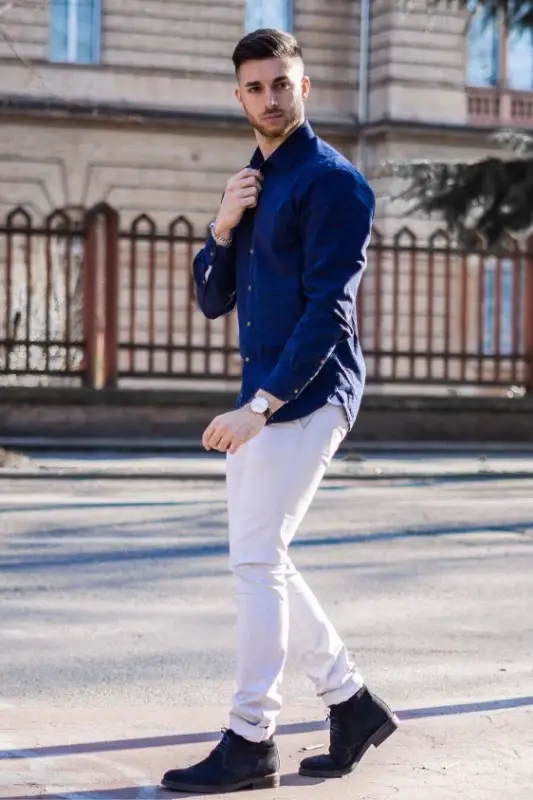 White and blue pant shirt combination