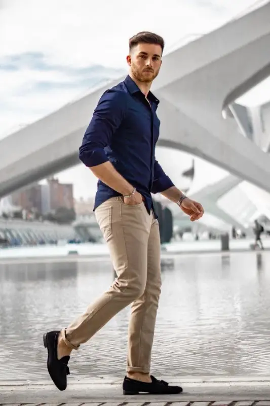 Blue and beige pant shirt combination