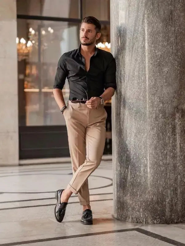 Black and beige Shirt pant combination photos.
